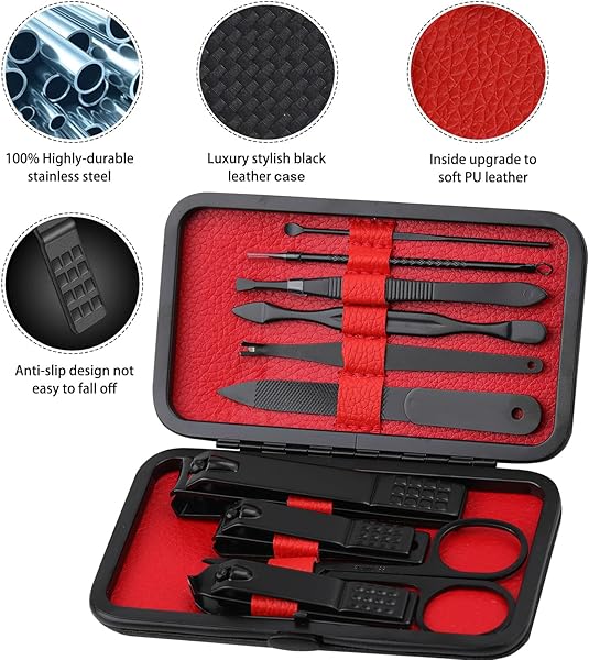 GLAMNE Set manicure Kit tagliaunghie Strumenti professionali per la cura delle unghie in acciaio inossidabile con custodia da viaggio in pelle 10 in 1 Nero in use