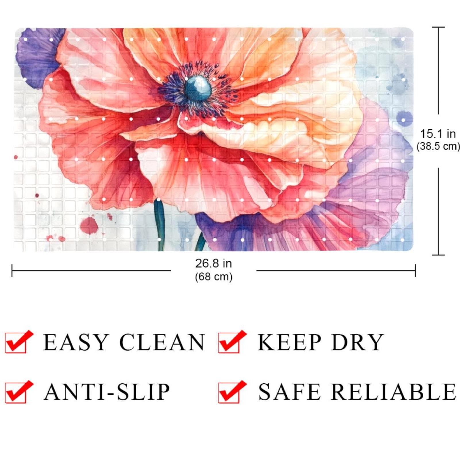 Badematte für Badewanne, Motiv: Aquarell-Blumenmalerei, rutschfest, rechteckig, Duschmatte mit Saugnäpfen, maschinenwaschbar, Badezimmermatte, 39,9 x 70,9 cm
