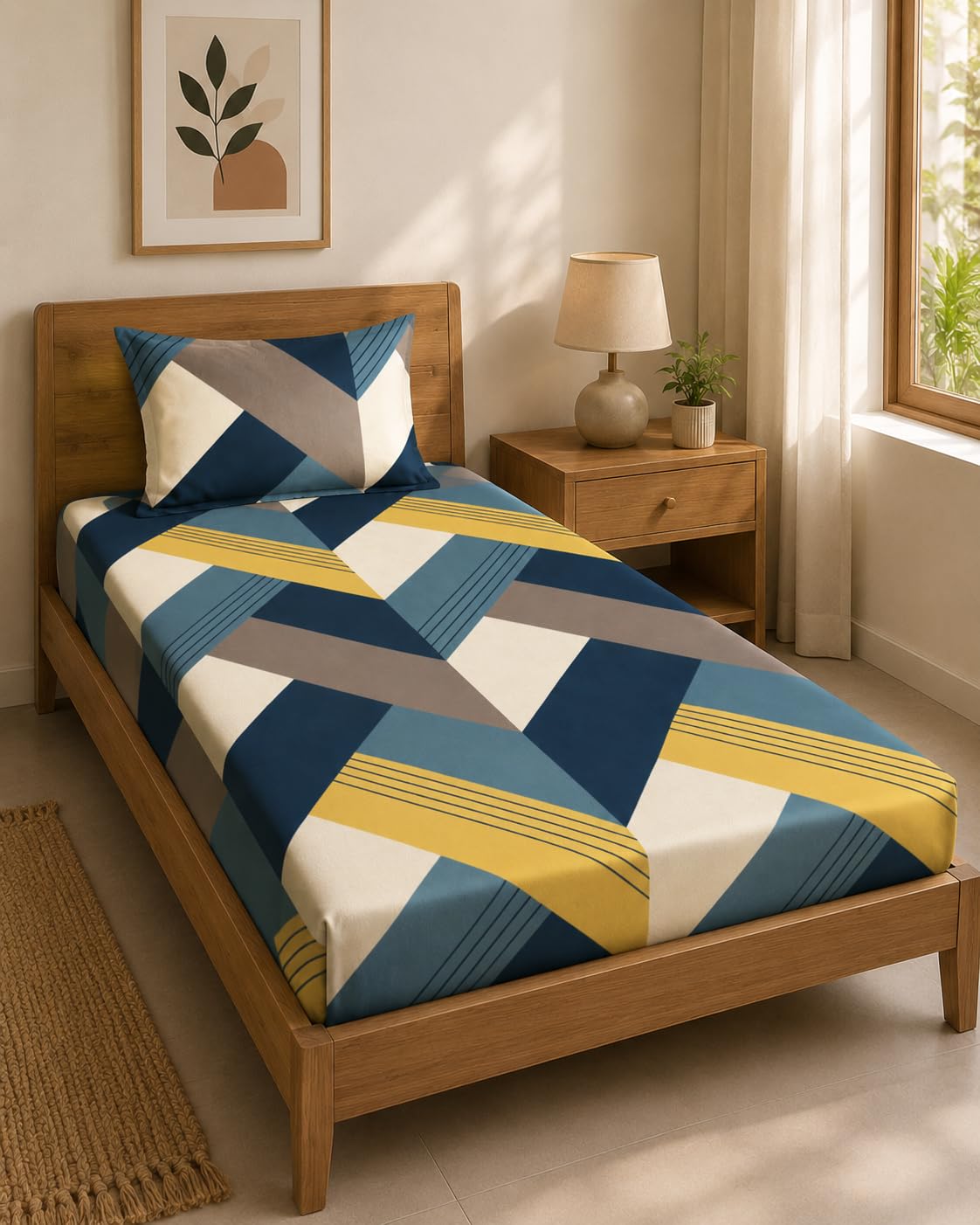 LOOMLYFE 300 TC Cotton Feel Glace Elastic Fitted Printed Single Bed Bedsheet with 1 Pillow Cover Fits Upto 6 Inches Mattress,Size- 42X75X8 Inches, Bluearrow