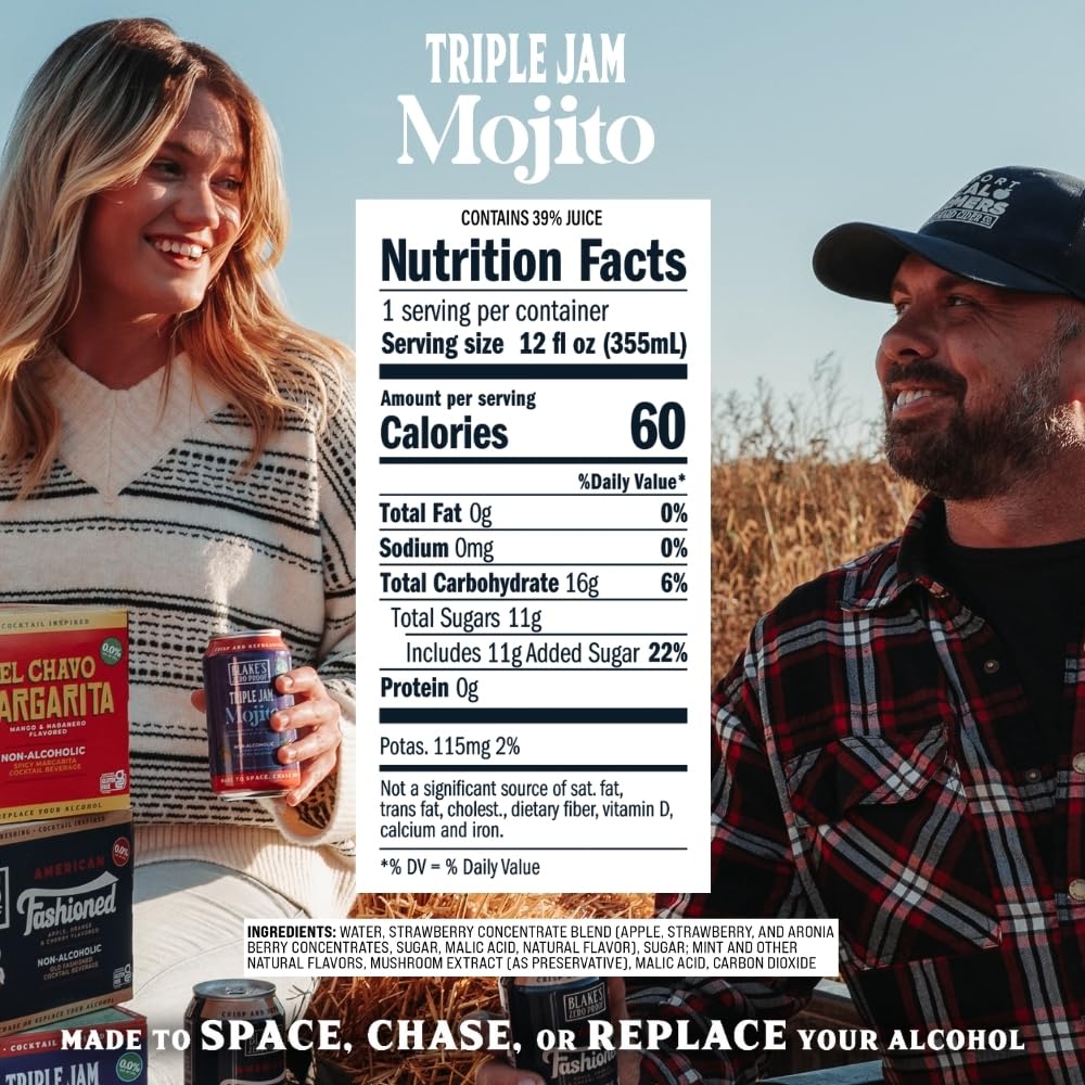 Blake’s Zero Proof Triple Jam Mojito Sparkling Mocktail – Non Alcoholic Carbonated Juice Beverage, Gluten Free, Berry Mint Inspired Flavor, Lightly Carbonated Cocktail-Inspired Drink, 12 Pack of Cans