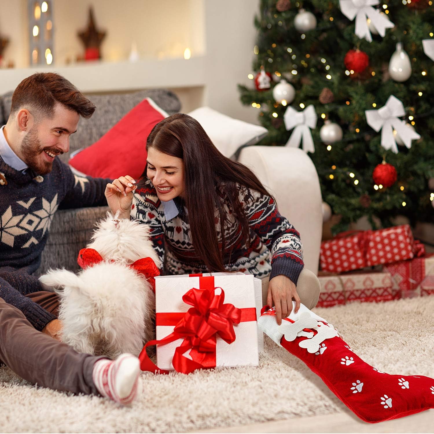 WILLBOND 4 Pcs Dog Christmas Stockings 18 Inches Large Dog Paw Print Christmas Stocking Puppy Bone Red Candy Bag for Fireplace Xmas Tree Party Gift Holiday Hanging Decoration