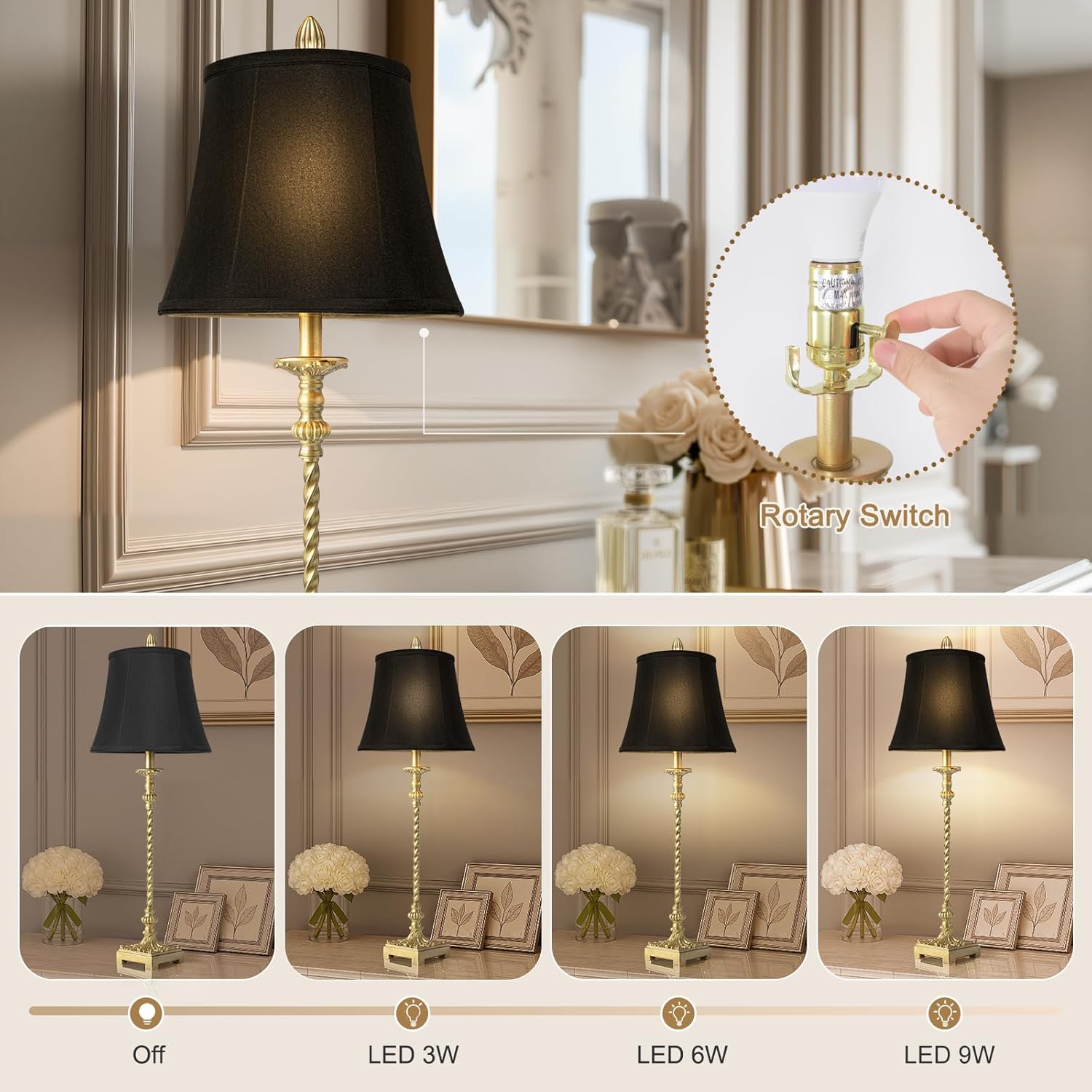 33'' Tall Vintage Table Lamp Set of 2, Candle Stick Buffet Lamps with Gold Leaf Finish and Black Linen Shades, 3-Way Dimmable Bulbs Included, Nightstand Lamps for Living Room Bedroom Dinning Entryway