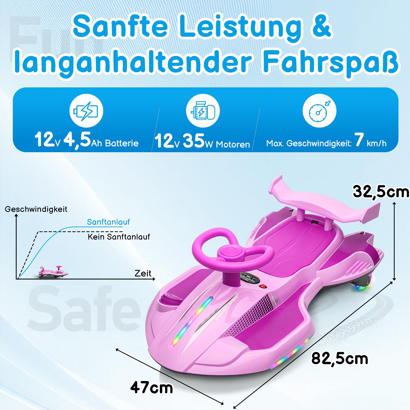 LALAHO Kinder Elektroauto, 2-in-1 Elektrisches Rutschauto mit Pedal,Wiggle Car mit Pedal,LED-Lichter,360° Lenkung,2 Geschwindigkeit Kippschutz Leuchtende Räder,für Kind ab 3 Jahren (Rosa-Lila)