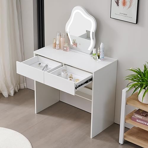 Miniatura 4 de Abesthink Mesa de tocador moderna pequeña de 31.5 pulgadas de ancho, escritorio de tocador de maquillaje con luces y espejo, 3 colores de