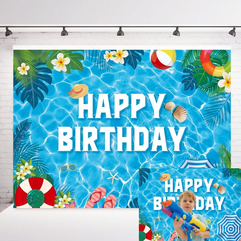 INRUI Pool Happy Birthday Photography Backdrop Tropical Swimming Hawaiian Theme Pool Party Decorations Banner (7x5FT)