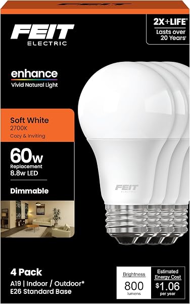 Feit Electric A19 LED Light Bulb, 60W Equivalent, E26 Medium Base, CRI 90, 10 Year Lifetime, UL Listed, Damp Rated, OM60