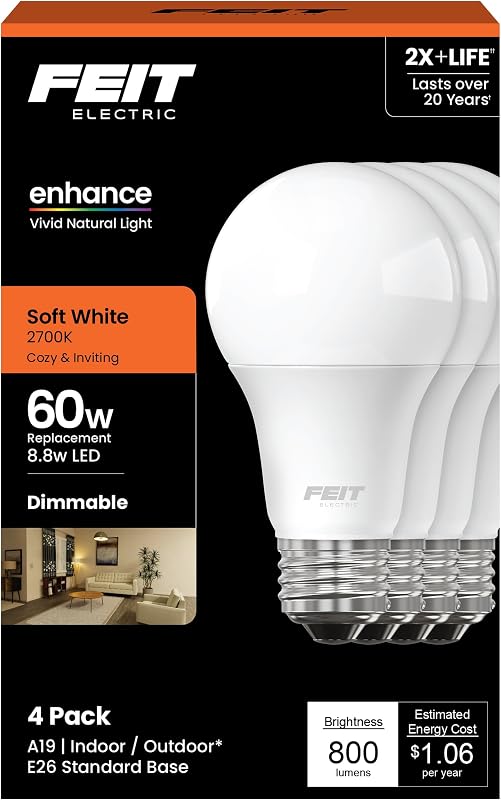 A19 LED Light Bulbs, 60W Eq, Dimmable, Soft White 4 Pack | E26 Medium Base, 2700K, 800 lumens, enhance CRI 90+, 22 Year Lifetime, Damp Rated, for Lamps and Enclosed Fixtures