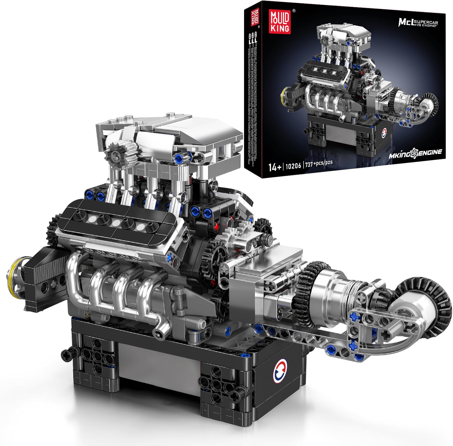 Mould King V8 Engine Building Blocks Set, 10206 Engine Model That Runs, Sports Car Engines Kit for Adults with Battery Box and Motor, Construction STEM Toy for Teens (737 Pcs)