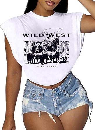Hilinker Womens Graphic Cap Sleeve Crop Tops Cute Summer Loose Fit Crew Neck T Shirts