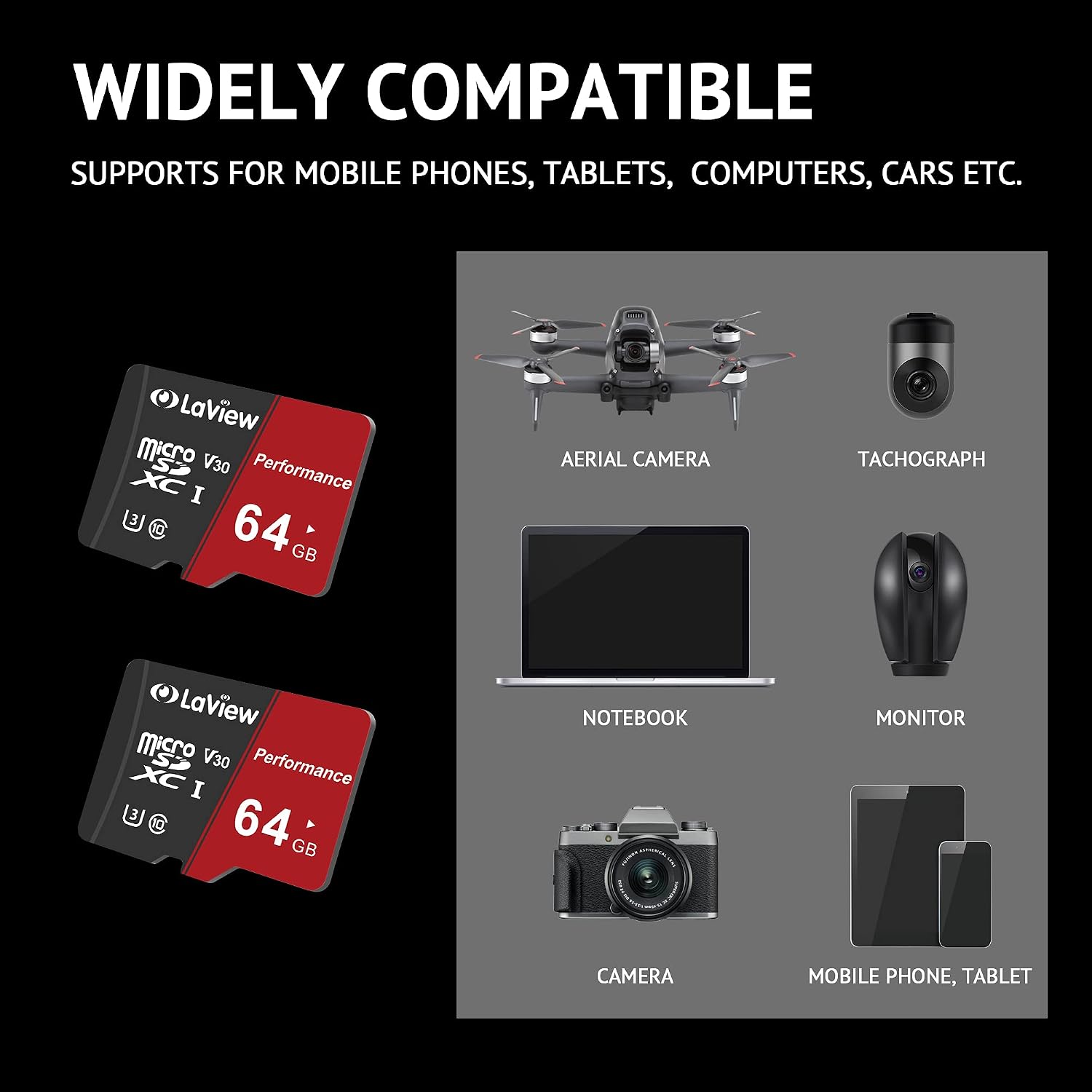 LaView 64GB Micro SD Card 2 Pack, Micro SDXC UHS-I Memory Card – 95MB/s,633X,U3,C10, Full HD Video V30, A1, FAT32, High Speed Flash TF Card P500 for Computer with Adapter/Phone/Tablet/PC