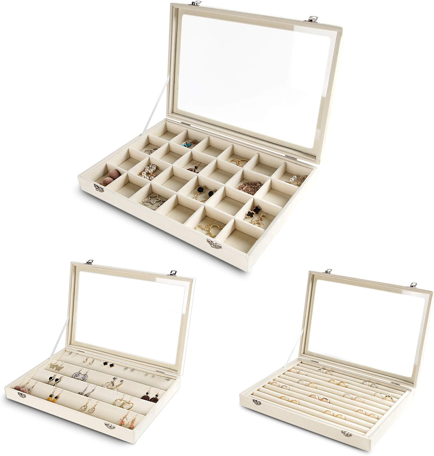 Frebeauty Jewelry Organizer Tray with Clear Lid Velvet Jewelry Storage box with Transparent Glass lid (Beige, 3 set)