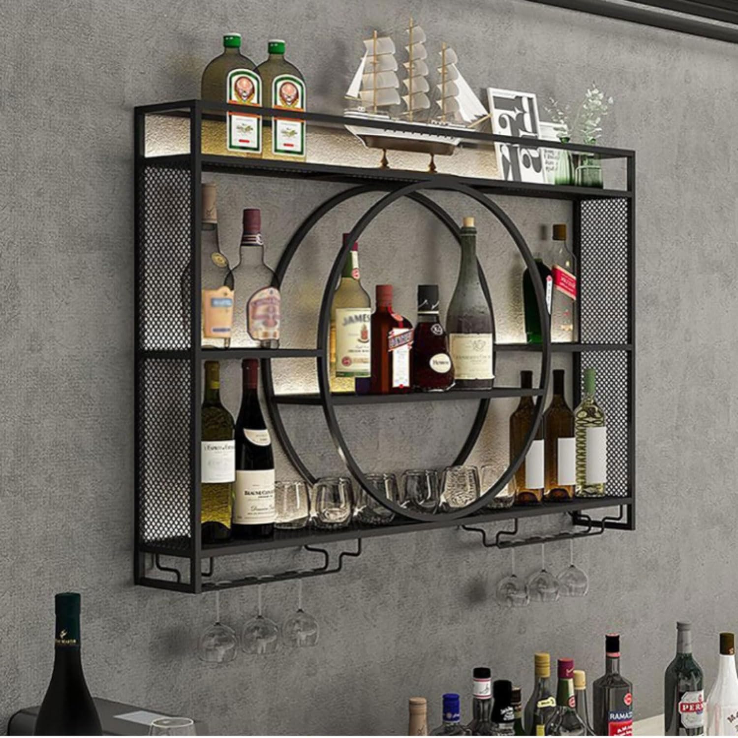 Botellero de Pared，Botellero Industrial montado en la Pared,estantes de Hierro Niveles, Estante para Vino, Estante de exhibición para decoración del hogar,para Bares, Comedor y Cocina