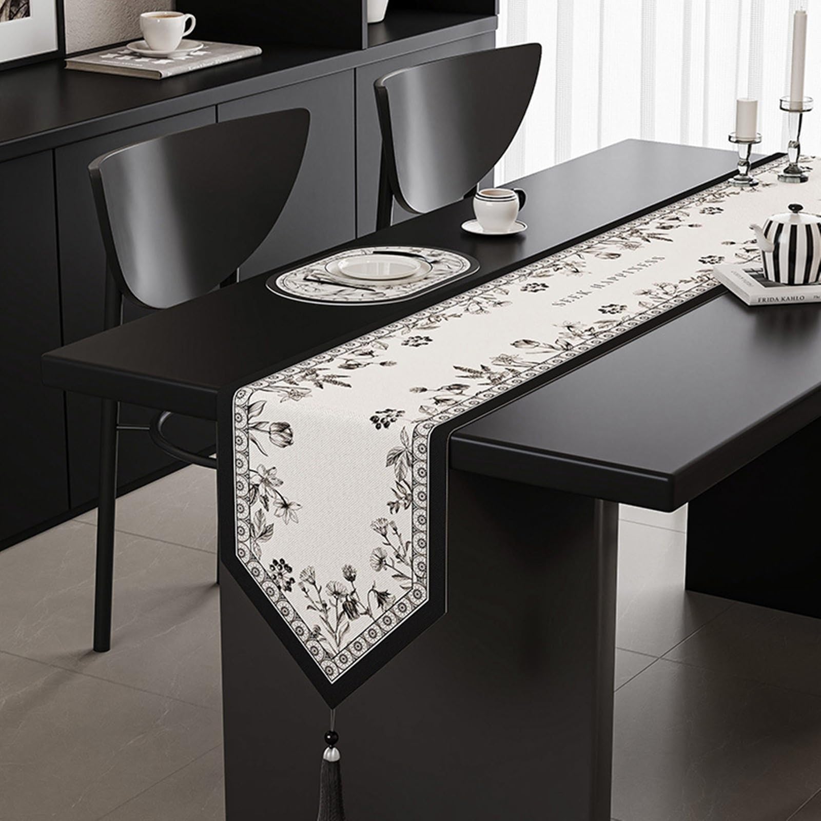 Chemin de Table Mariage 30x220cm, Chemin de Table Champetre Motif Floral Vintage avec Pompons, Effet Lin
