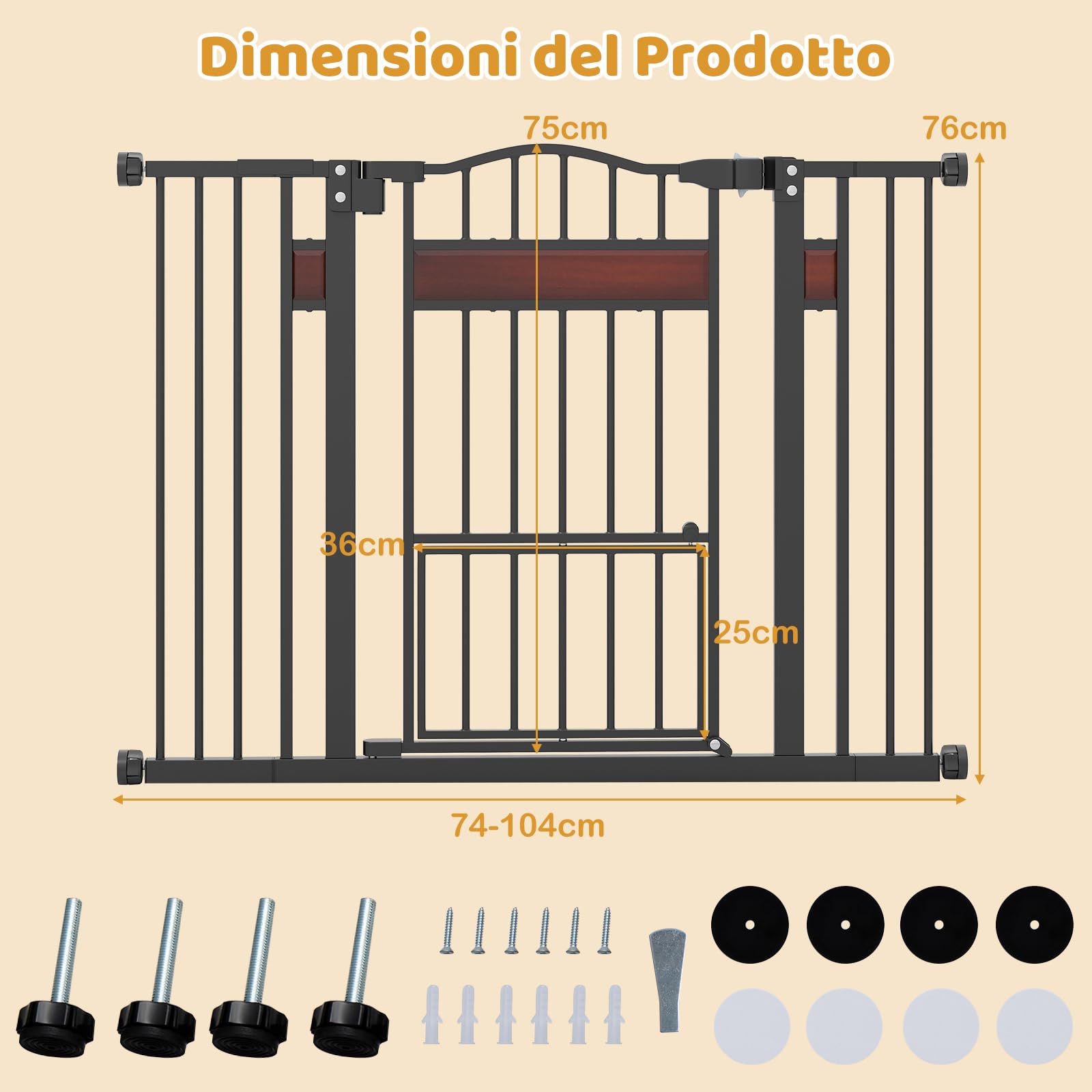 COSTWAY Cancelletto per Cani per Aperture 74-104 cm, Cancello per Cani con Porta Piccola, 2 Estensioni e Doppio Blocco, Cancelletto in Metallo da Interno per Cucina, Scale e Soggiorno (Nero)
