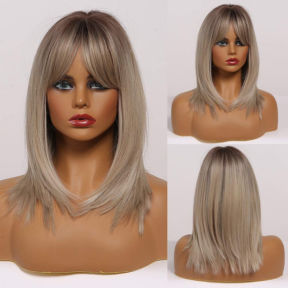 Medium Length Fluffy Straight Synthetic Wigs with Bangs Glueless Natural Ombre Colorful Bob Hair Wigs for Women 2#