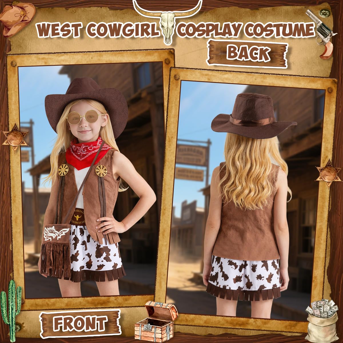 Deguisement Cowgirl Enfant Fille, Robe Western pour Fille avec Bandana, Chapeau Cowboy, Cowgirl Costume pour Halloween Carnival Cosplay Party, Deguisement Fille 5-10 Ans