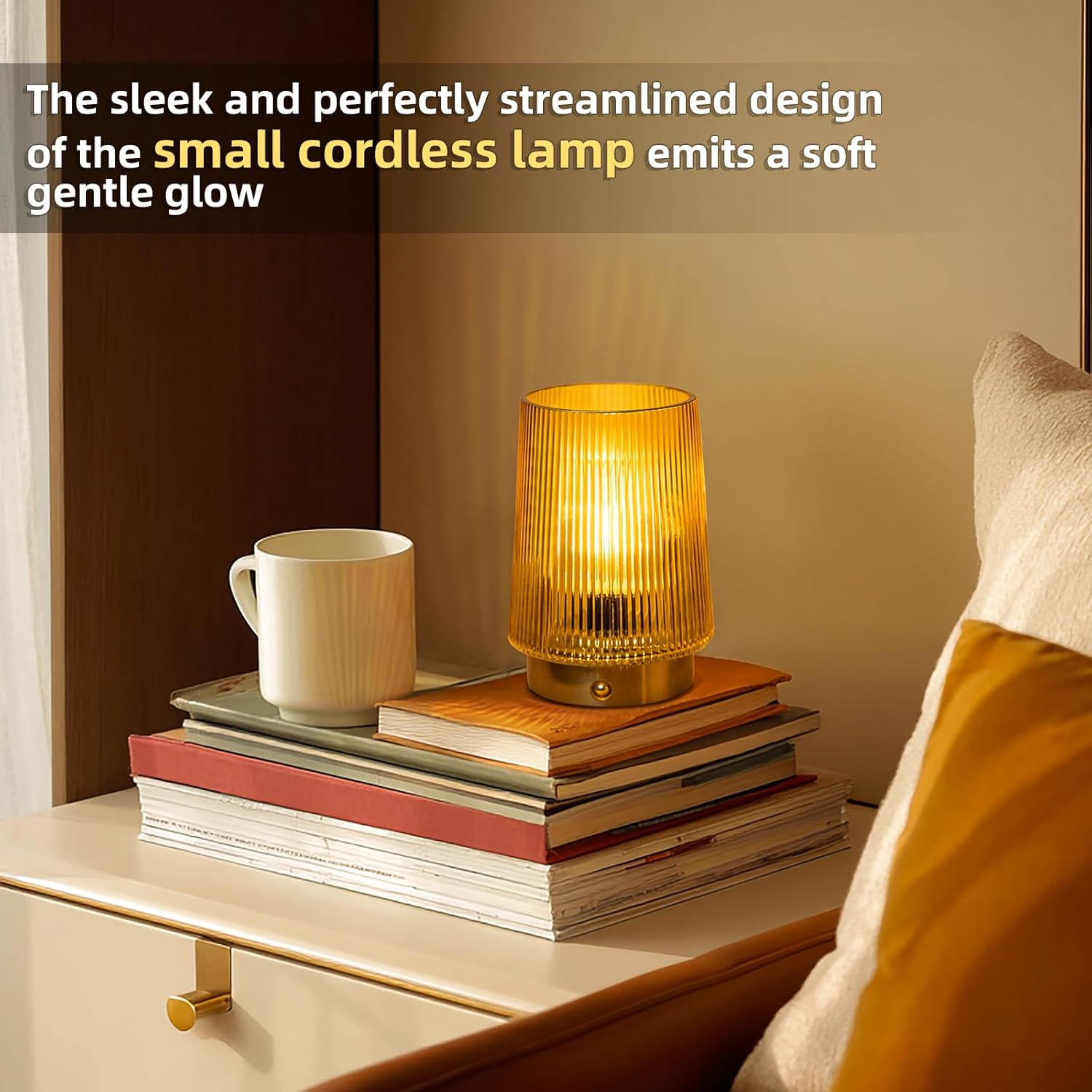 MJ PREMIER Cordless Lamps Rechargeable Glass Table Lamp Portable Dimmable Brightness Touch Battery Operated Lamp Cordless Beside Touch Lamp for Bedroom Kitchen Dining Bathroom Rechargeable Yellow