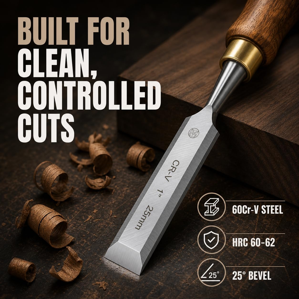 Mt Diablo Juego de 4 cinceles de madera de acero CV60 de alta calidad con asas ergonómicas, incluye anchos de 1/4 pulgadas, 1/2 pulgadas, 3/4 pulgadas, 1 pulgada, ideal para carpinteros, rollo de