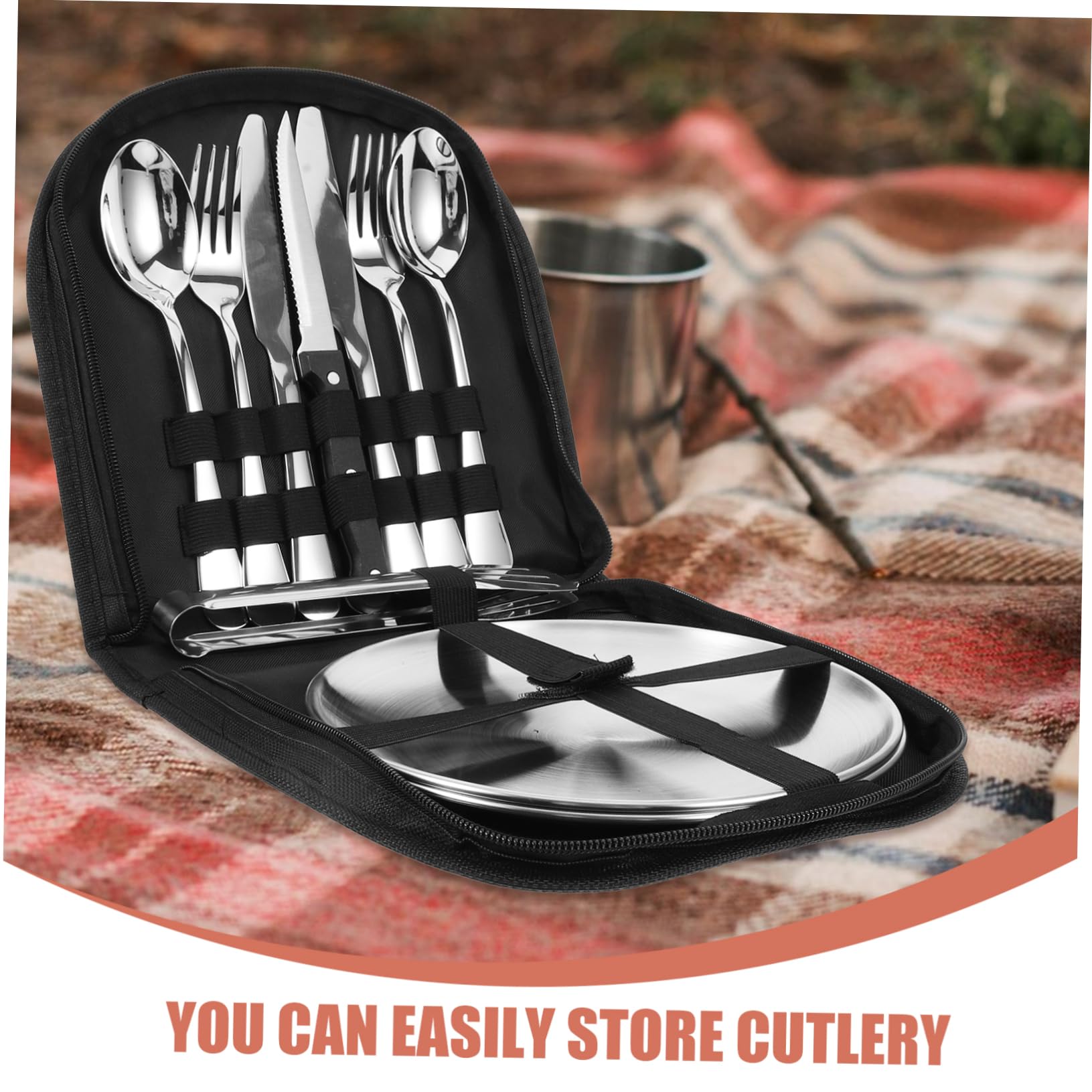 GALPADA Outdoor Campingbesteckset 10 Stück Edelstahl Picknickbesteck Mit Tasche Tragbares Reisegeschirr Für Wandern Strand Grillen
