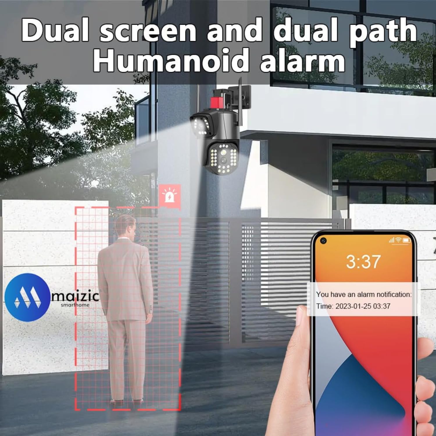 Maizic Smarthome 5MP +5MP Wireless WiFi CCTV Camera Dual Lens/Dual Screen Video Record, Color Night Vision, Bullet+360� PTZ Control, PIR Motion Sensor, IP66 Waterproof (ON-3V37-SPDT) 4