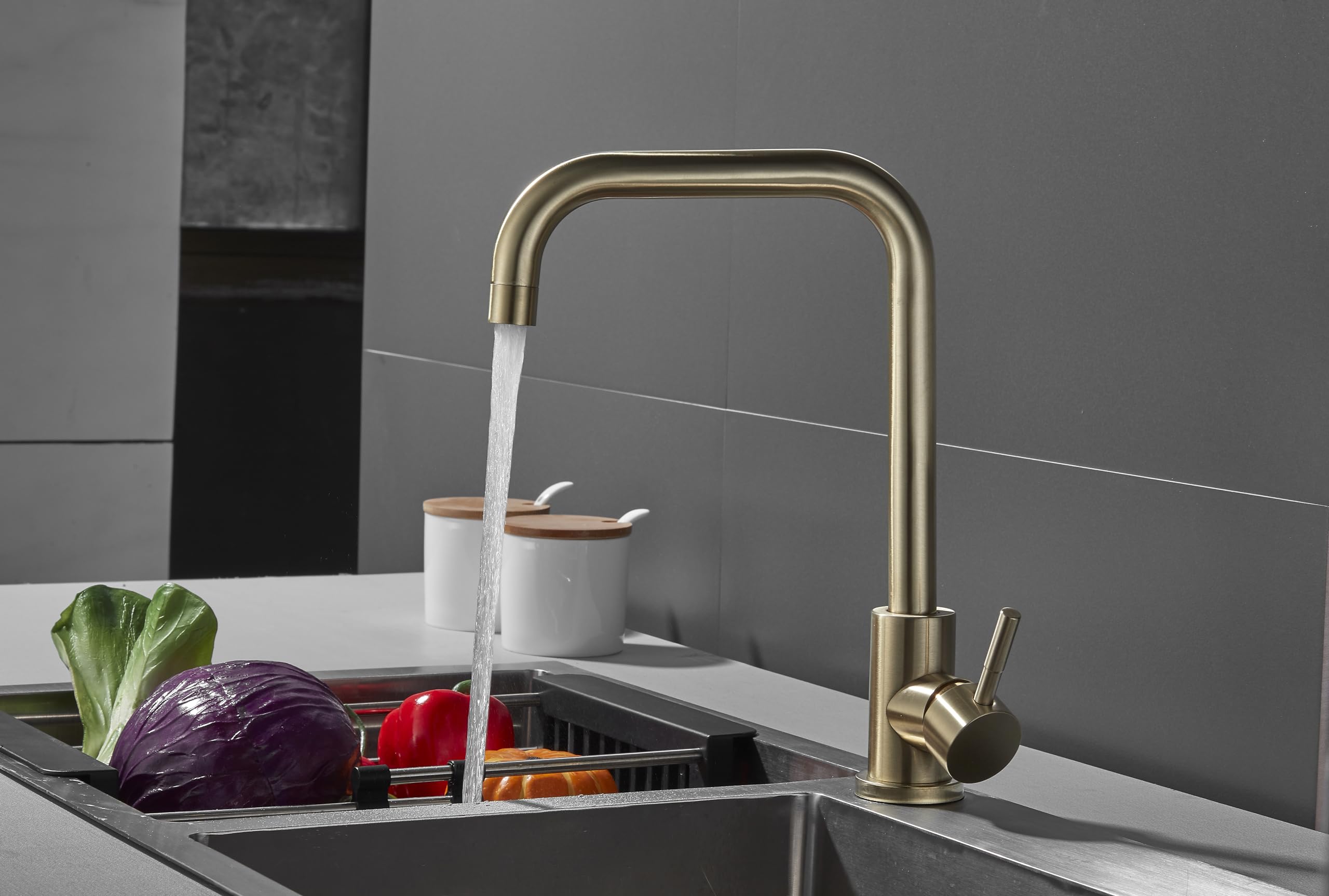 Home Range Modern U-Shaped Kitchen Sink Tap, Durable Brass Kitchen Mixer Tap with Brushed Gold Finish & 360° Swivel - Image 4