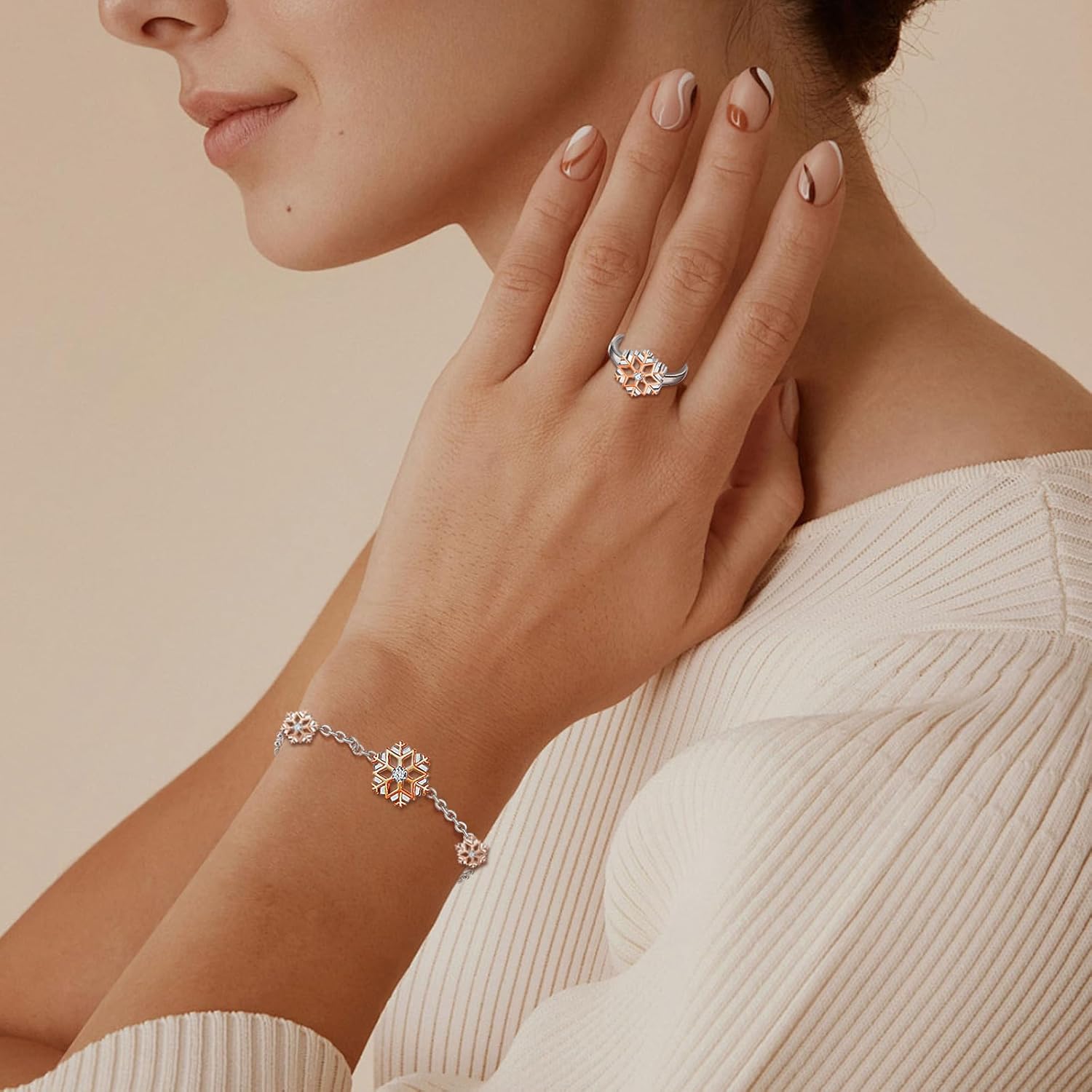 INFUSEU Christmas Jewelry Snowflake for Women Teen Sterling Silver Bracelet Winter Frozen Gifts Rose Gold Two Tone New Year Flower Unique Present Snow Flake Stuff - Image 5