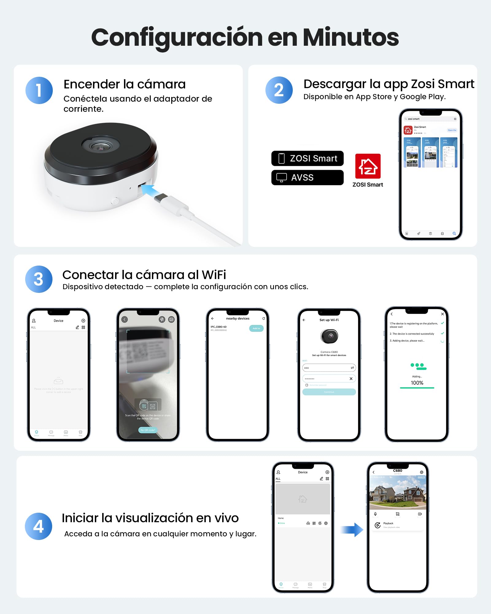 ZOSI Pack de 2 Cámara Vigilancia WiFi Interior 3MP Cámara Ventana para Seguridad Exterior, Detección de Persona/Vehículo, Visión Nocturna Color, 2.4/5GHz WiFi, Grabación 24/7, 2K C680