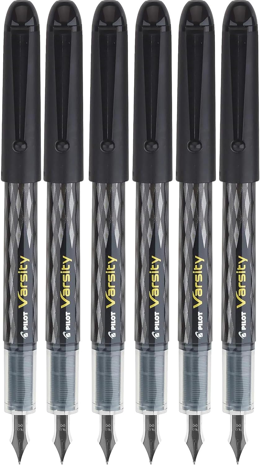 Varsity Disposable Fountain Pens, Black Ink, 6-pk; Bundle with Plastic Reusable Pouch