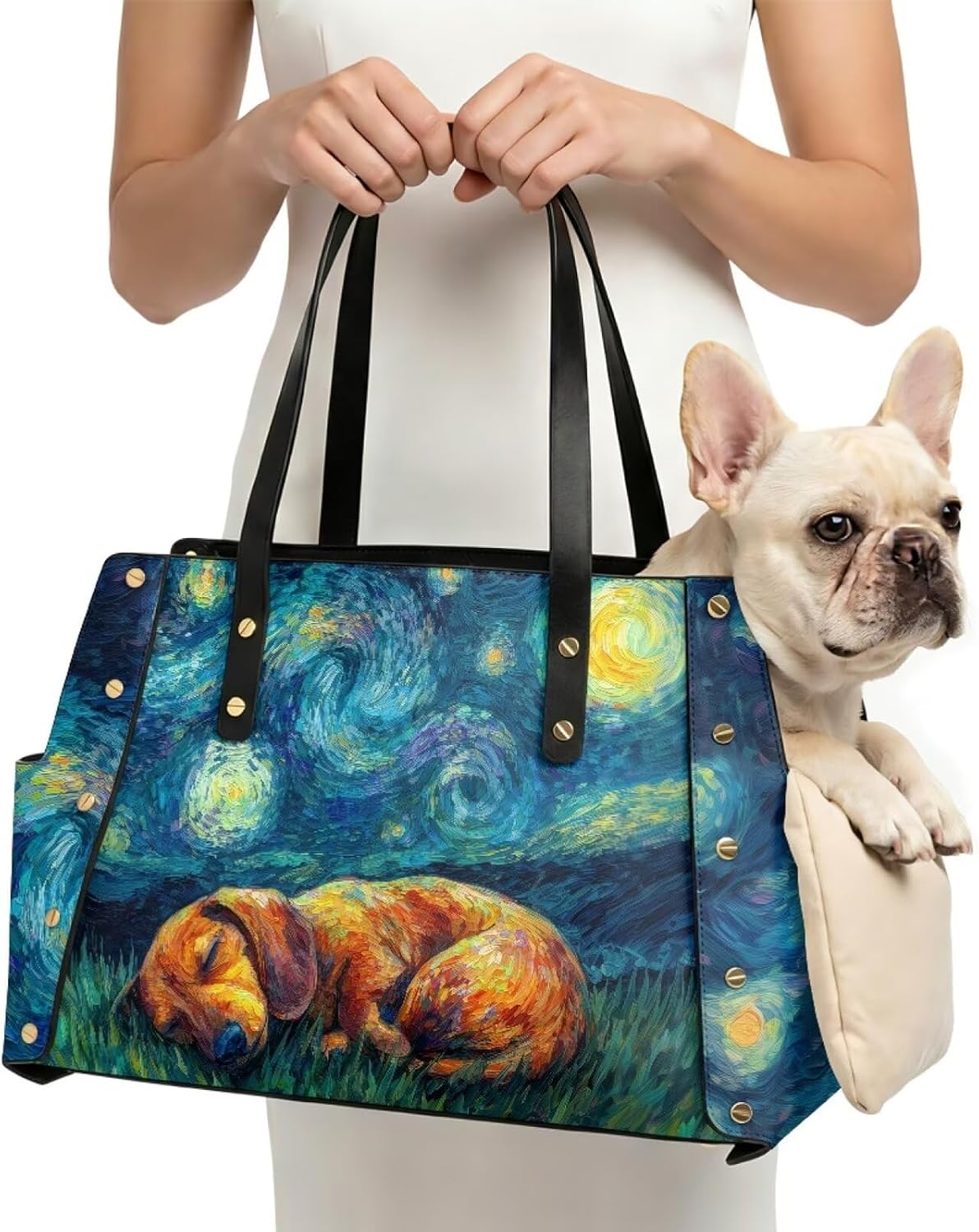 Starry Night Print Dog Purse Carrier for Small Cats, Dogs, Golden Retriever Print Cat Carrier Lightweight Dog Carrying Bag, Portable Cat Tote Bag with Top-Handle, Blue
