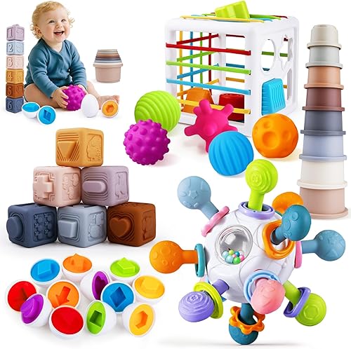 Juguetes 6 en 1 para bebés de 6 a 12 meses, juguete Montessori para niños de 1 año, juguete de dentición para bebés, apilar tazas, cubo sensorial de