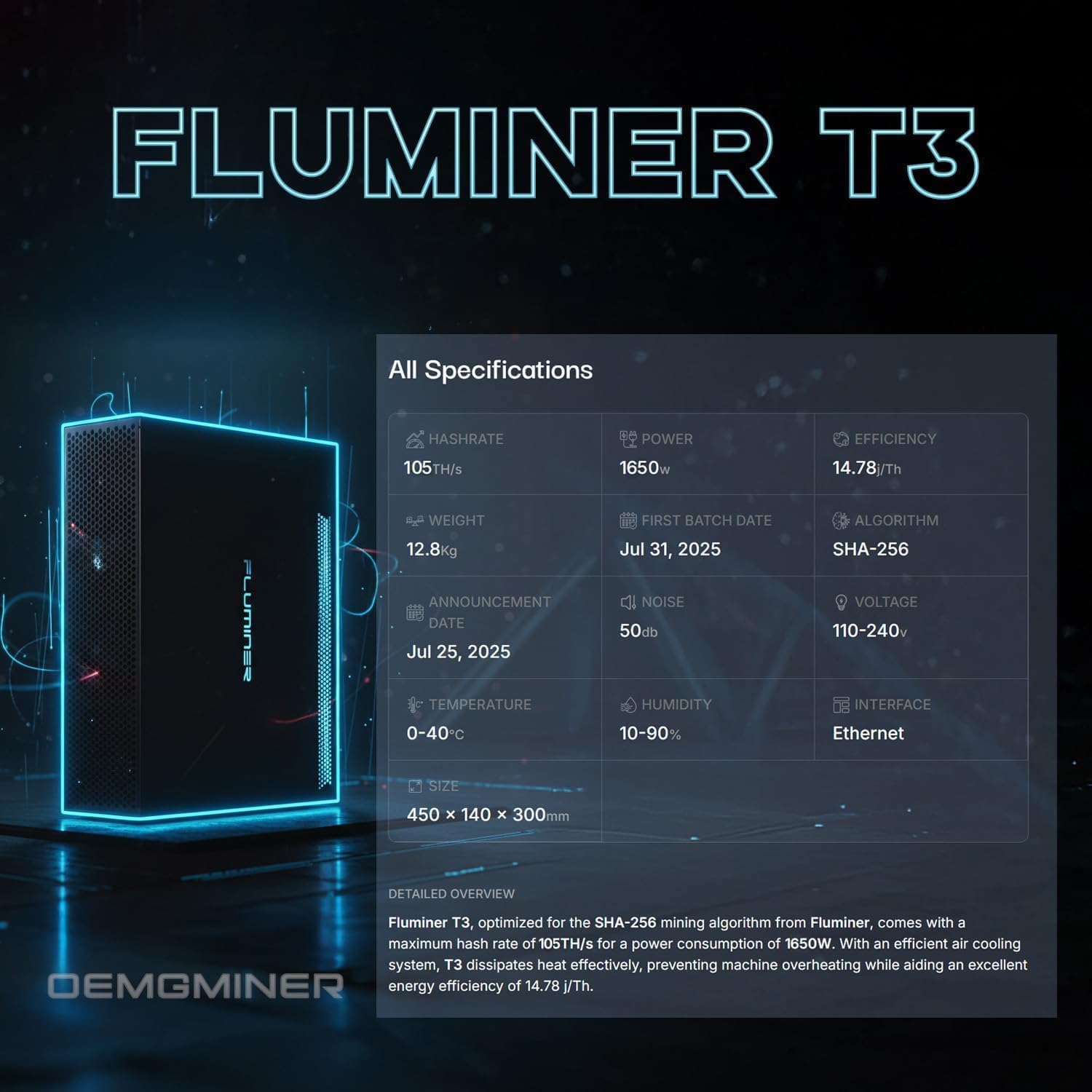 Fluminer T3 105TH/s Bitcoin Miner, 1650W High-Efficiency ASIC Miner, SHA-256 Algorithm, 100-240V, Ethernet & WiFi, Ultra-Quiet Home Mining