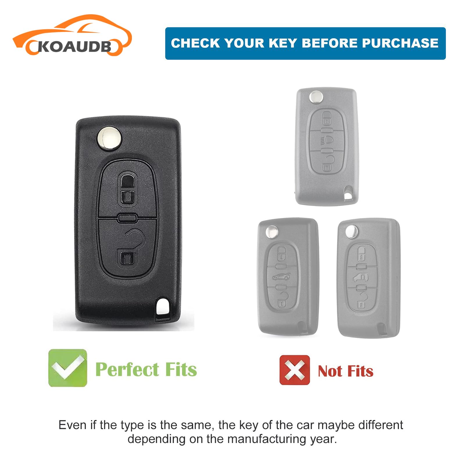Koaudb Coque de clé de voiture en TPU compatible avec 2 boutons Peugeot 107 207 307 307S 308 407 607 807 3008 5008 Citroen C2 C3 C4 C5 C6 C8 Xsara Flip Folding Key Shell Case Fob (Pgt-2F) - 2