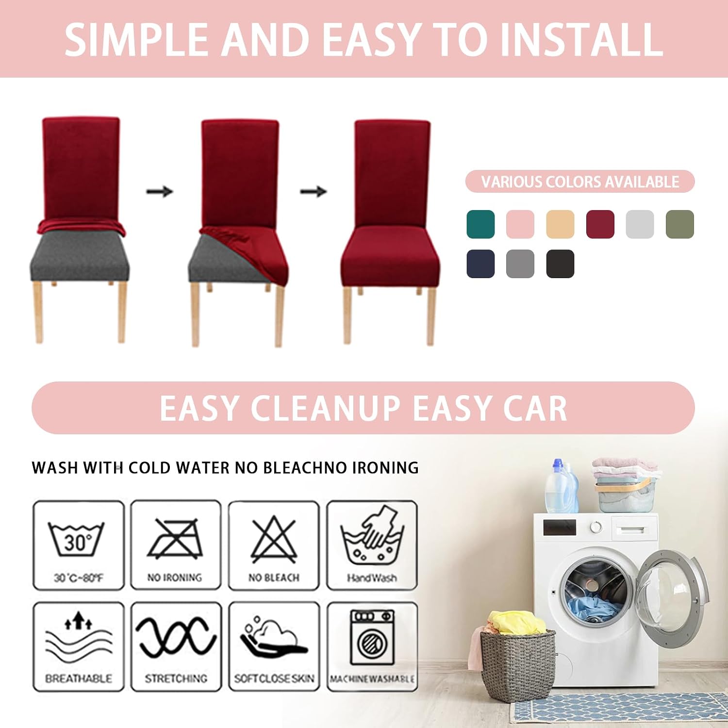 Dining Chair Covers Set of 6, Stretch Spandex Chair Slipcover, Pink Chair Slipcovers, Washable Anti-Dust Chair Seat Cover for Kitchen Dining Room, Wedding Party