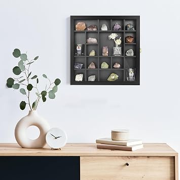 FramePro Rock Display Case, Crystal Collection Box with Shelves, Onyx Opal Crystal Stand Displayed in Grids, Doll Show Holder with Real Glass Lid (Black) (Black, 13.5