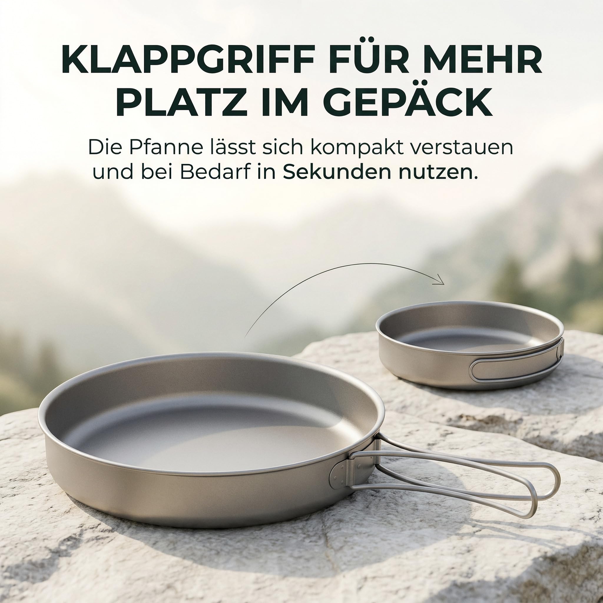 Titan Bratpfanne 20cm mit Klappgriff und Transportbeutel - 175g Ultraleichtes Campingkochgeschirr aus Titan für Outdoor, Trekking und Bushcraft - Kompakte Pfanne für Outdoor