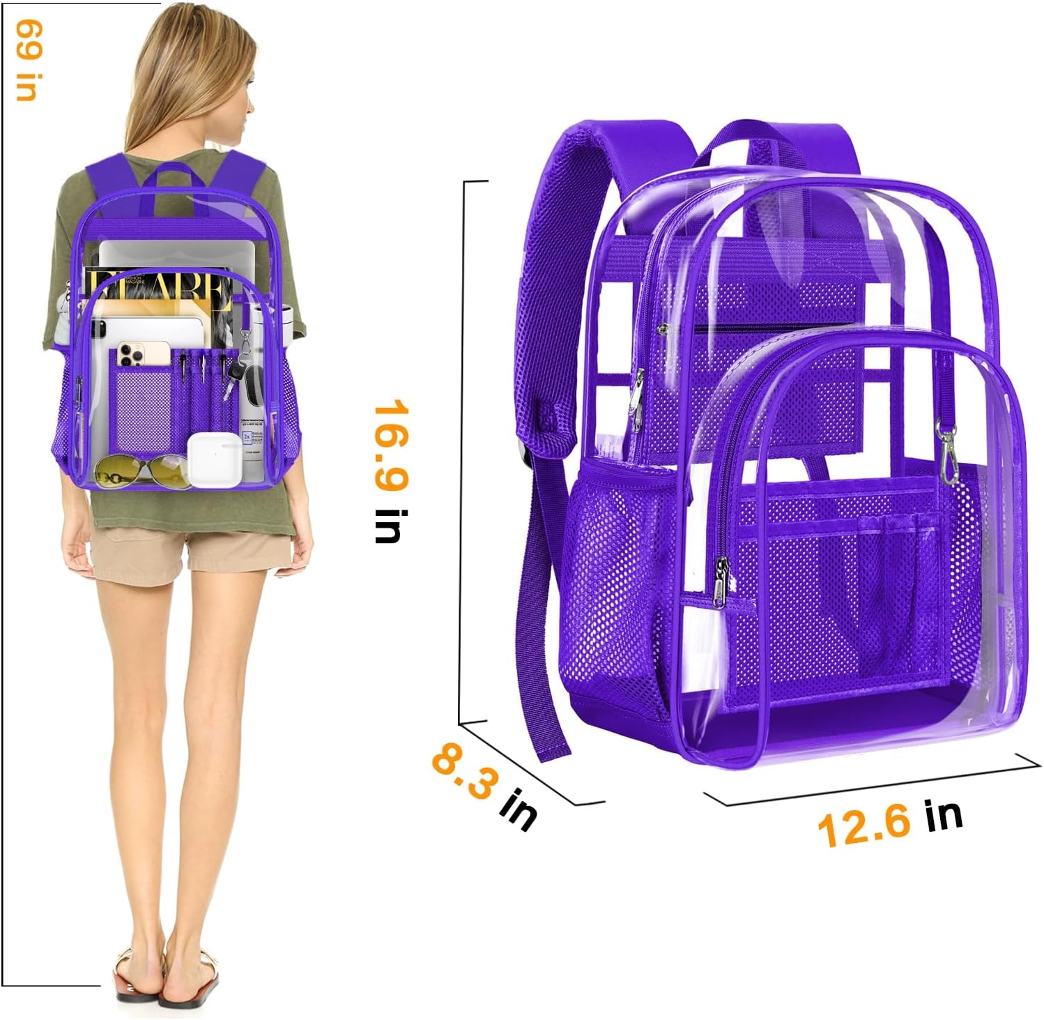 PAMANO Clear Backpack, Heavy Duty Transparent with Reinforced Bottom See Through Backpack for College, Travel, Workplace Security, Purple