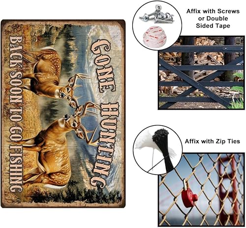 Miniatura 4 de Letrero de metal vintage de 8 x 12 pulgadas, diseño retro de ciervo, con aspecto de óxido que se ha ido cazando pronto para ir a pescar, divertido