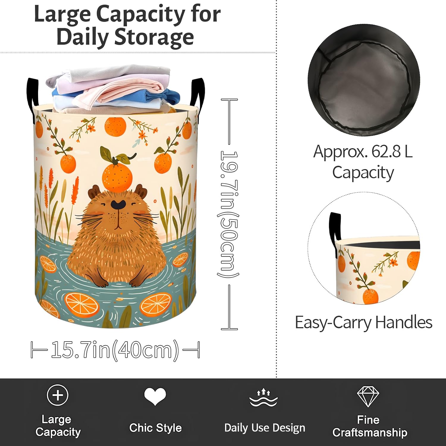 Capybara Laundry Basket, Cute Orange Fruit Foldable Oxford Cloth, Waterproof Dirty Clothes Hamper with Handles, Clothing Storage Bin Toy Organizer for Bedroom Dorm Bathroom, 19.7"x15.7" image 3