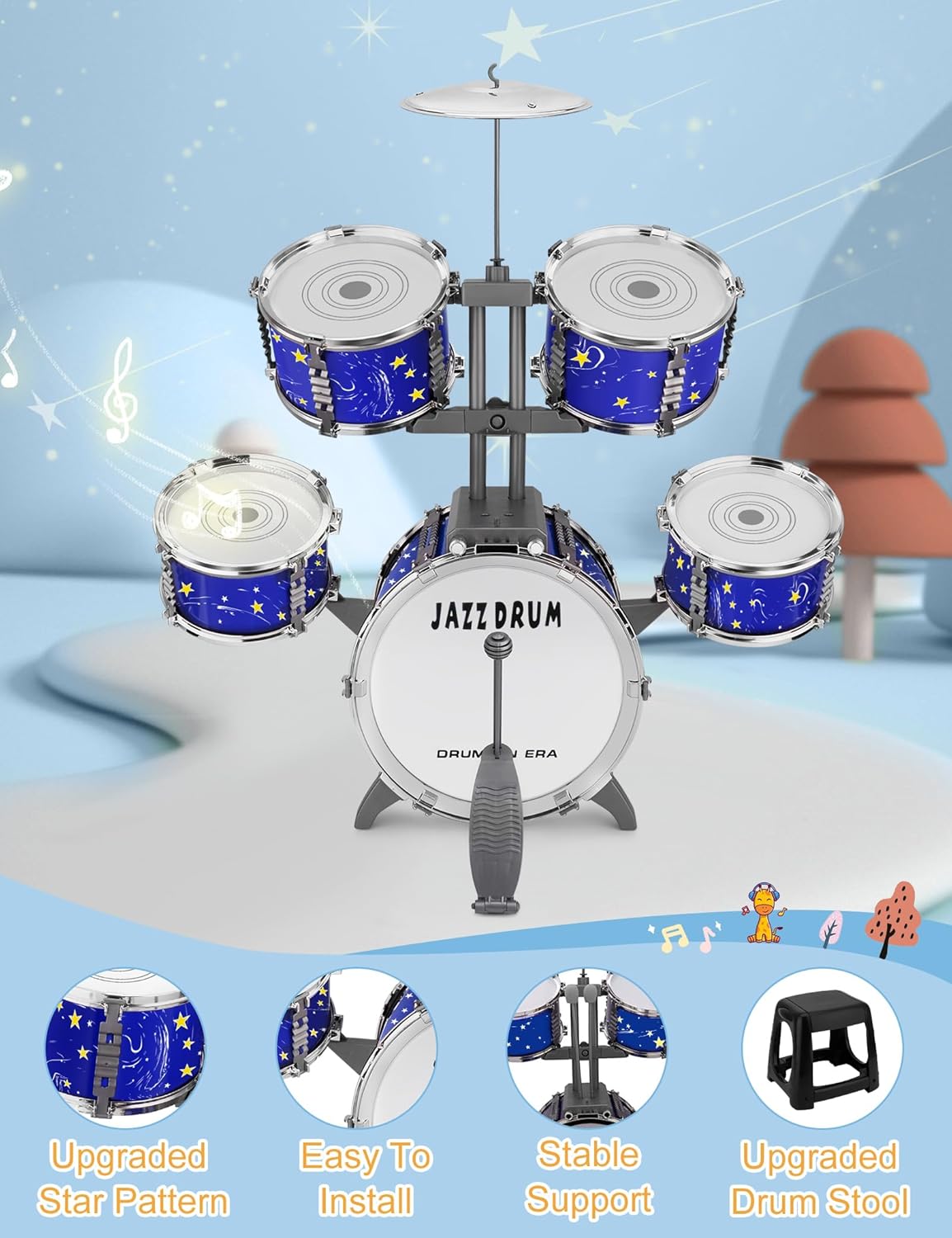 Upgraded Kids Drum Set for Toddlers Plastic Musical Jazz Drum Instruments Kit Birthday Musical Learning Toys for 4 5 6 Boys Girls, Starlight Blue