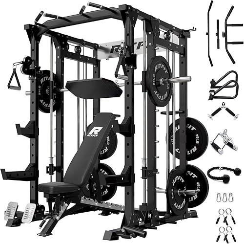 Miniatura 17 de RitFit Máquina Buffalo Smith, jaula eléctrica con sistema LAT-Pull Down y sistema de cruce de cables, estante de sentadillas todo en uno para