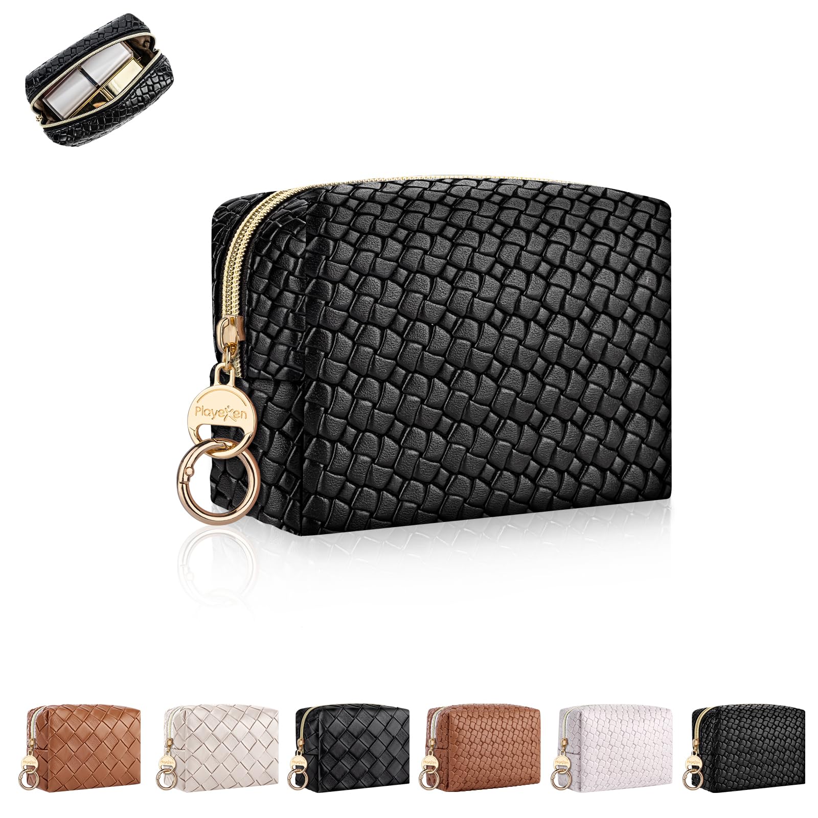 Playexen Mini Makeup Bag, Small Cosmetic Bag for Purse with Ring Buckle, Portable XS Travel Makeup Pouch Purse for Girls Women Daily Use (Small Plaid,