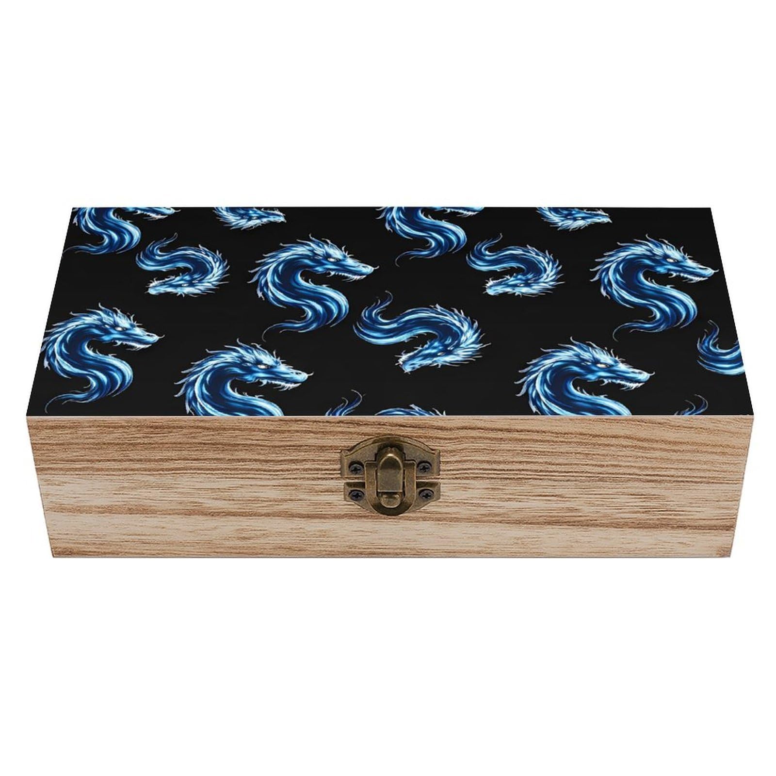 SMAZDFXX Blue Fire Flames Dragons Wooden Storage Box With Hinged Lid Decorative Front Clasp Keepsake Boxes