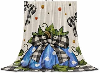 Flannel Fleece Blanket 32" x 47", Polka Dot Blue Pumpkins Microfiber Cozy Soft Throws for Women, Autumn Leaves Bow Buffalo Plaid Lightweight Throw Blankets for Couch, Sofa, Bed, Living Room, Bedroom