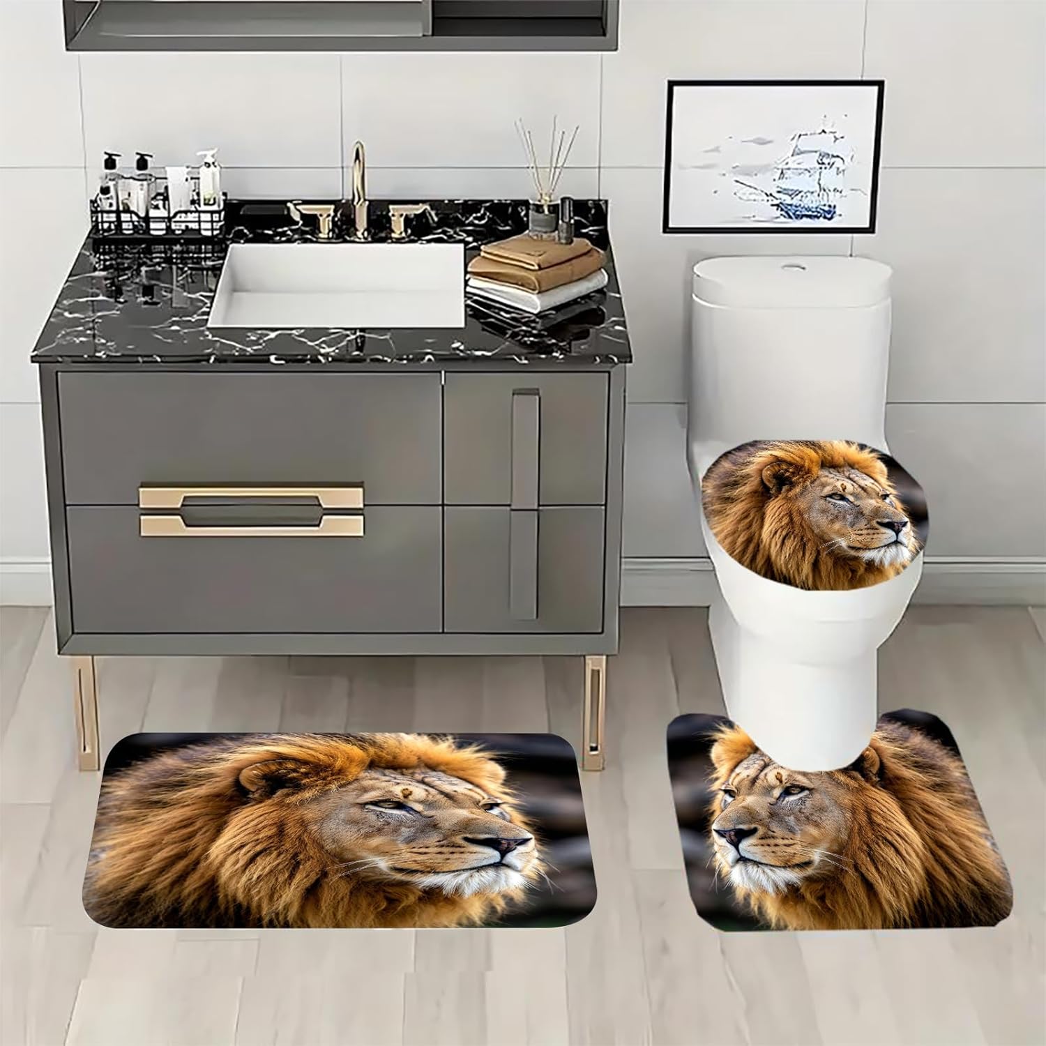 Lion Shower Curtain 72 in X 72 in with 12 Hooks, Square Shower Curtain for Bathroom Decor 4 Pcs Natural Realistic Golden Hues Lion Bathroom Curtains Shower Set with Rug Toilet Lid Cover