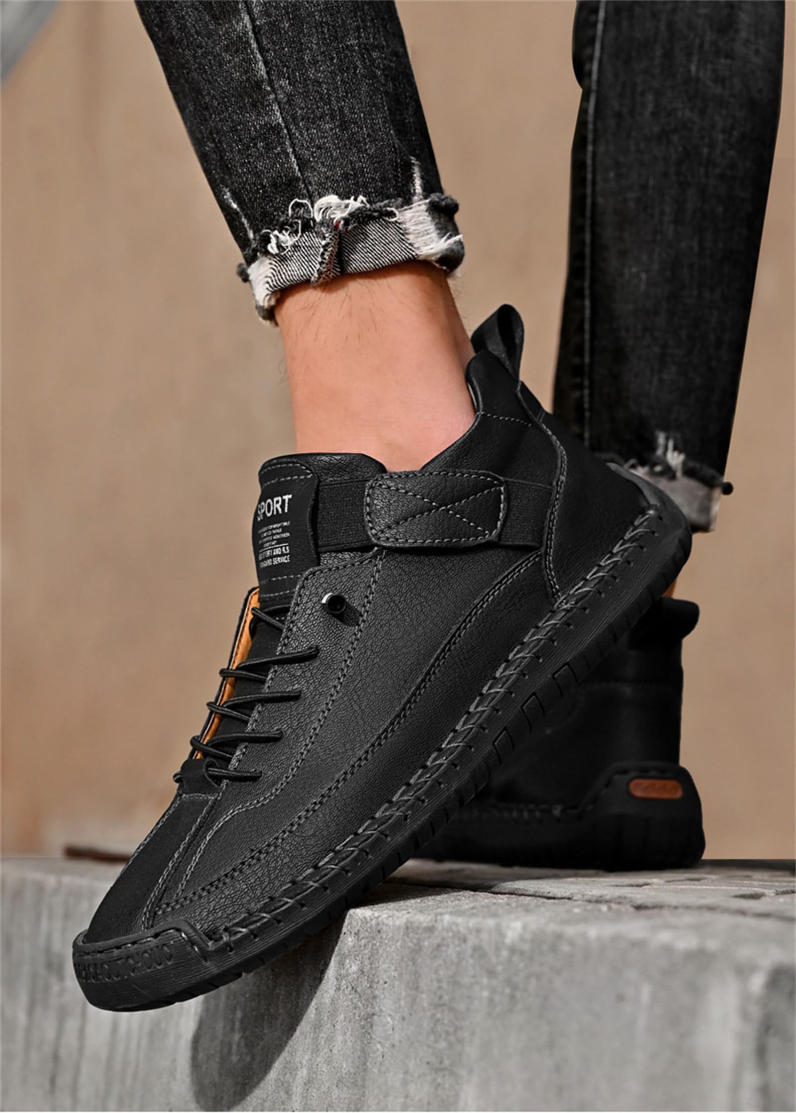 Scarpe in pelle cucite a mano, comode scarpe ortopediche da uomo in pelle con supporto per arco plantare, spaziosa scatola per dita dei piedi, antiscivolo