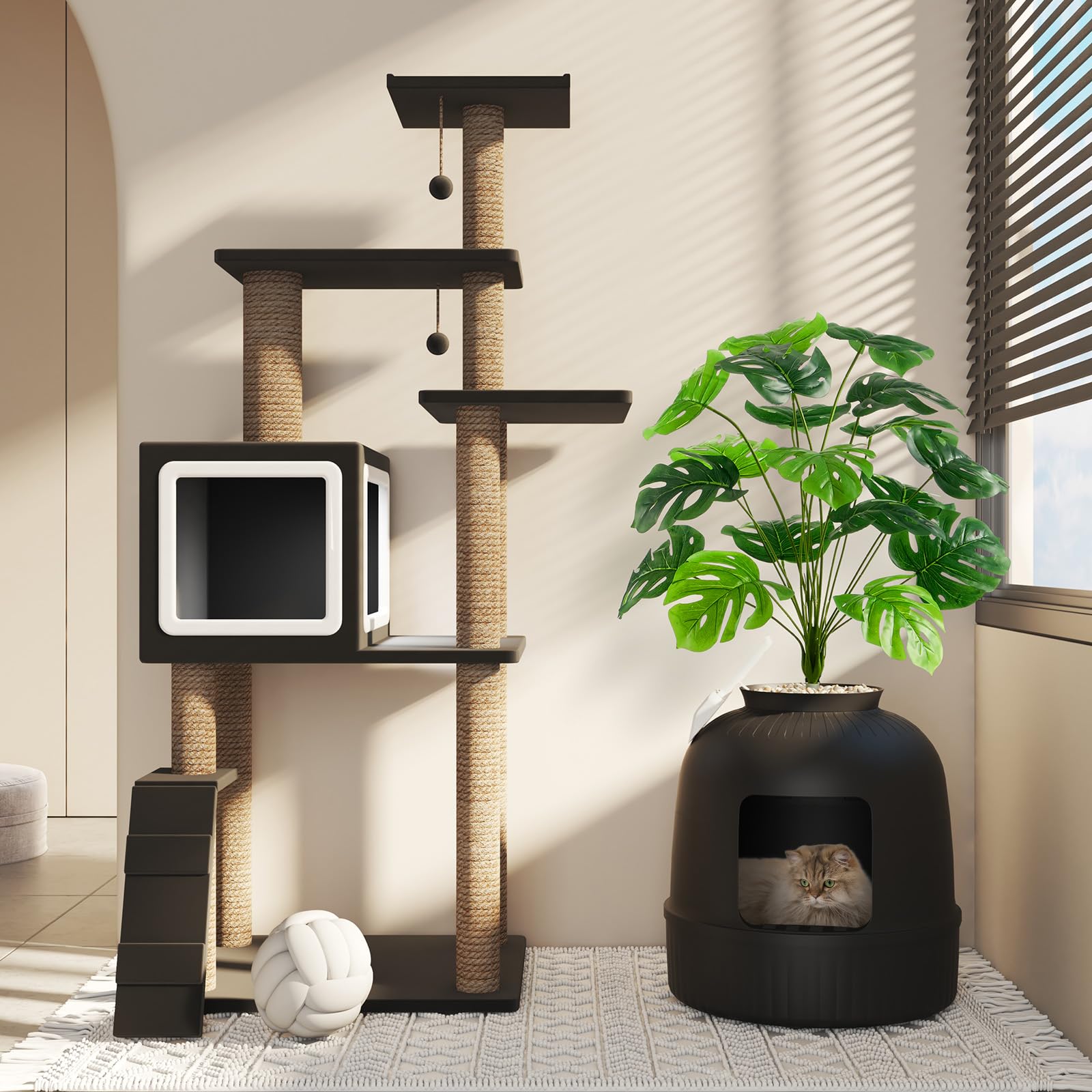 Lifewit Bac Litiere pour Chat avec Désodorisant et Filtre, Maisons de Toilette Chats pour Salon, Chambre à Coucher, Coins, Litiere Chat Fermé avec Fausse Plante, Pelle, 48 x 120 cm, Noir