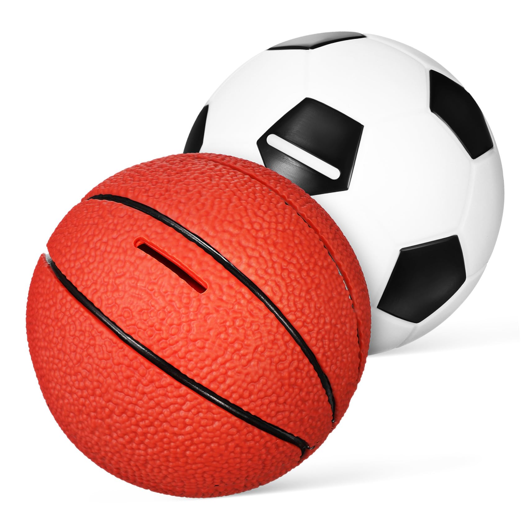Gatuida Set di 2 Salvadanai per Ragazzo e Ragazza a Tema Sport, Pallone da Basket e Calcio in Vinile, Barattolo per Risparmio, Decorazione Casa e Regalo