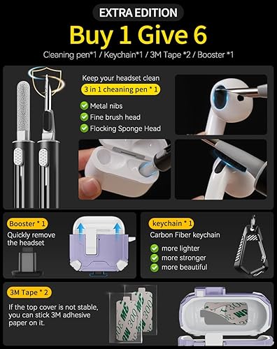 Miniatura 7 de Funda compatible con AirPods 4, bloqueo automático magnético con soporte para teléfono y kit de limpieza, compatible con funda Magsafe, color morado