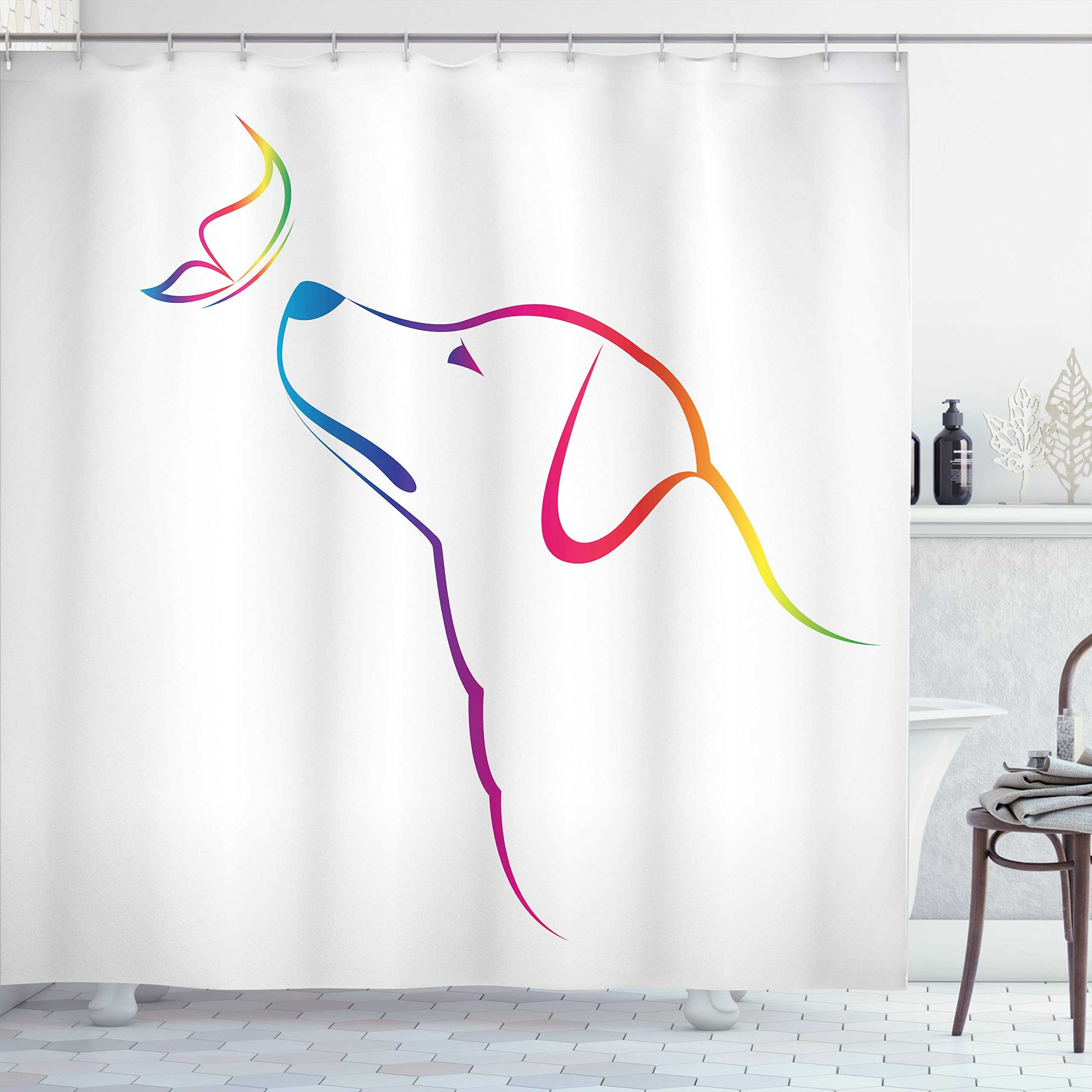 Ambesonne Dog Shower Curtain, Image of a Labrador Butterfly Miracle of The Planet Earth Friend Universe Illustration, Cloth Fabric Bathroom Decor Set with Hooks, 69" W x 75" L, White Multicolor