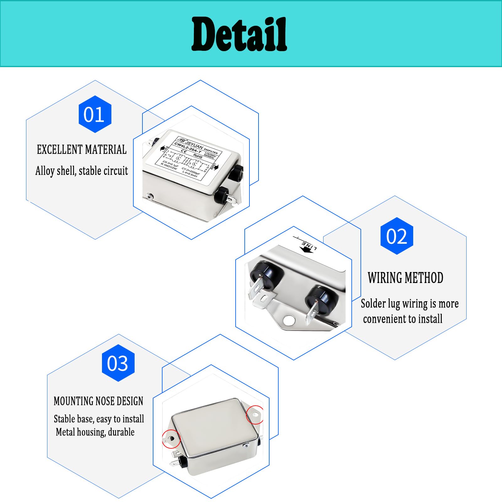 Filtro di rete EMI, filtro di potenza EMI, filtro di rete, filtro monofase, 115 V/250 V, 20 A, 50 / 60 Hz, filtro di alimentazione, CW4L2-20 A-T (A)